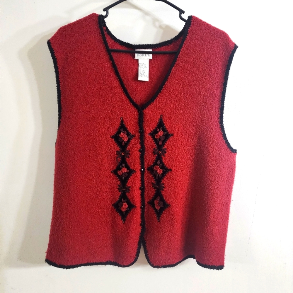 Vintage Koret Red Vest with black embroidered diamonds and red rose accents